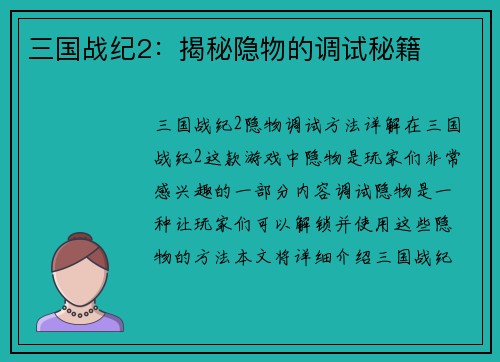 三国战纪2：揭秘隐物的调试秘籍